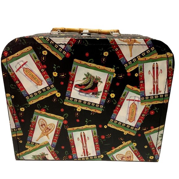 WINTER SHOE BOX PURSE BLACK WITH SKATES SLEDS SKIS BAMBOO HANDLE SUPER CLEAN - Picture 2 of 9